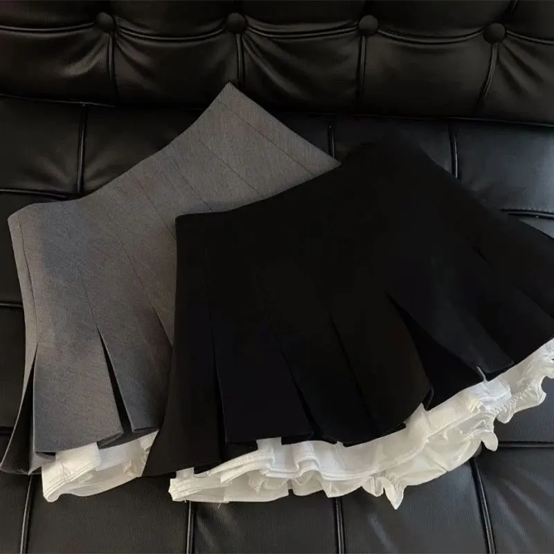 Mooyufon Ruffles 블랙 미니 스커트 여성 한국어 패치 워크 플리츠 스커트 일본 카와이 하이 웨이스트 올 매치 라인 스커트 New