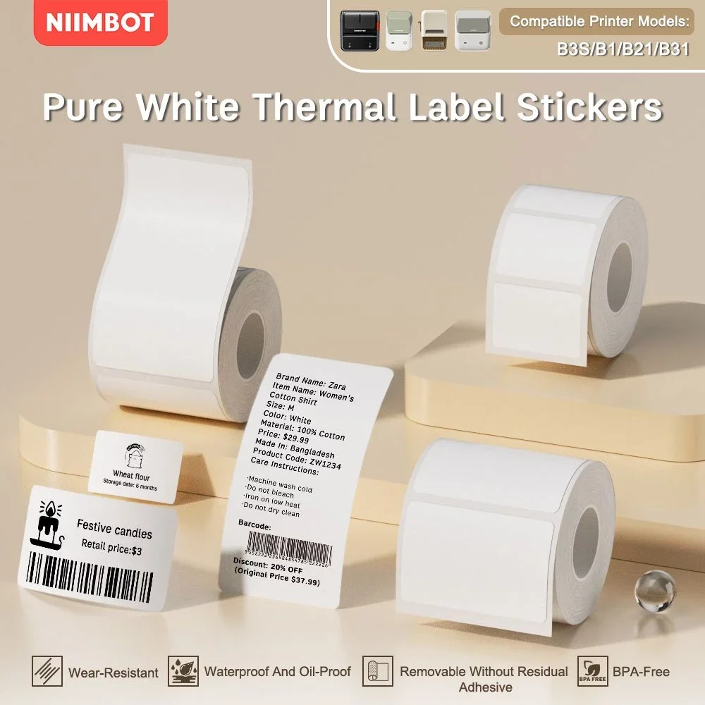 NIIMBOT B21/B1/B3S 풀 화이트 시리즈 열 라벨 스티커 용지 인쇄 가능 20-50mm