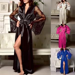 Womens Nightdress 섹시한 긴 레이스 란제리 Nightwear 목욕 가운 가운 모조 얼음 실크 Nightdress 솔리드 컬러 잠옷