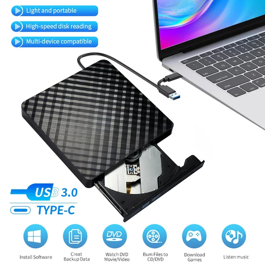 외장 CD DVD 광학 드라이브, 노트북 데스크탑용, USB 3.0, C타입, 2 인 1, 슬림 보호 CD-RW 드라이브, DVD-ROM 버너 플레이어