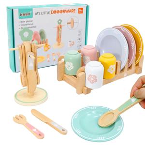 나무 주방 척 놀이 세트 몬테소리 시뮬레이션 접시 요리 액세서리 주방 Playset 장난감 유아 선물 3 세 이상