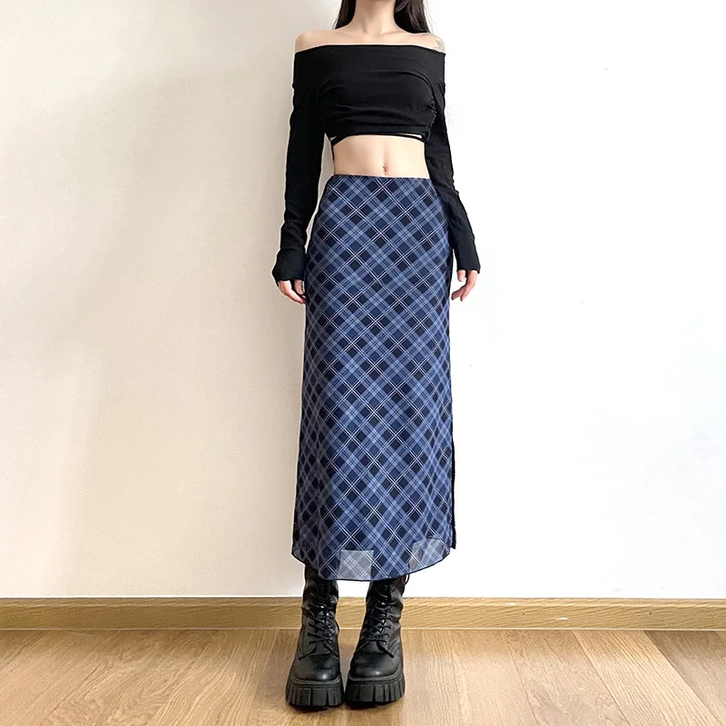 여성 봄 가을 격자 무늬 프린트 랩 엉덩이 스커트 패션 발목 길이 섹시 슬림 펜슬 스커트 프레피 스타일 걸스 슬릿 미디 스커트
