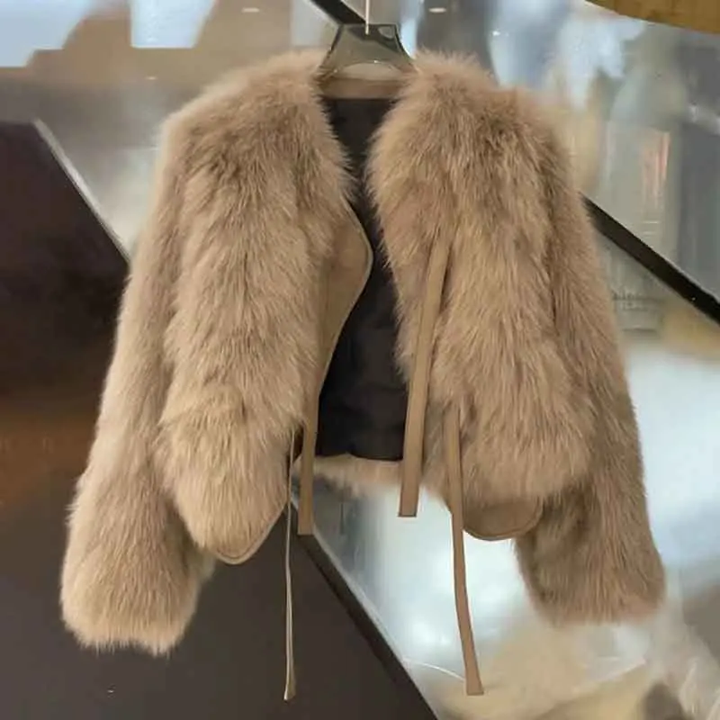 가을 가짜 모피 자르기 코트 여성 Y2K 패션 streetwear 오 넥 푹신한 짧은 모피 자켓 한국어 우아한 레이스 업 가짜 여우 모피 파카