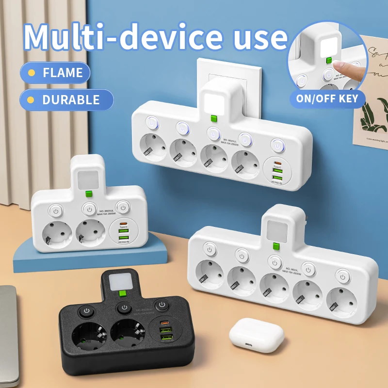 EU 플러그 콘센트 5 소켓 전기 소켓 연장 코드 없음 또는 없음 USB Type-C 포트 2개 사양
