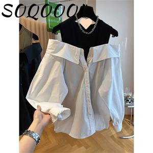 여성 거짓 투피스 폴로 칼라 블라우스 루즈 탱크 탑 스플 라이스 긴 소매 셔츠 오프 숄더 블라우스 가을 풀오버 탑