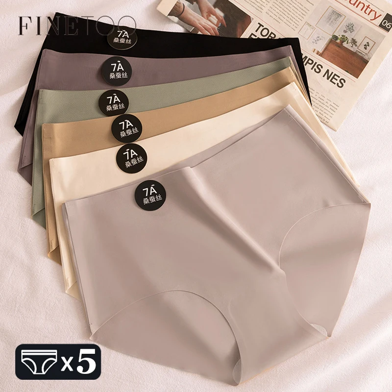 FINETOO 5PCS 원활한 뽕나무 실크 속옷 울트라 얇은 여성 팬티 섹시한 높은 탄성 보이지 않는 팬티 부드러운 란제리 M-XL