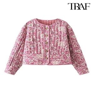 TRAF 여성 패션 루즈 따뜻한 복고풍 달콤한 코트 플립 라펠 싱글 브레스트 긴 소매 퀼트 코트 스트리트 캐주얼 통근 재킷 포켓 장식 크러쉬 핑크 코트