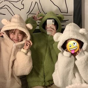 여성 겨울 귀 후드 양고기 양모 가짜 모피 지퍼 카디건 따뜻한 플러시 두꺼운 대형 겉옷 소녀 솔리드 루즈 오버 코트