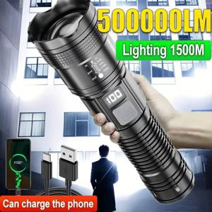 매우 밝은 손전등 내장 배터리 USB C 충전식 LED 손전등 500000 캠핑 랜턴용 LM 고출력 토치 램프