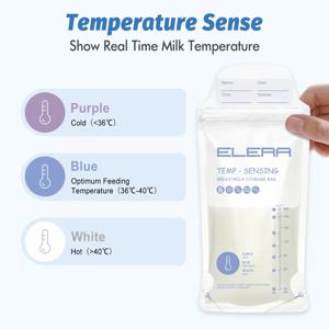 ELERA 온도 감지 BPA 프리 일회용 냉동 모유 수집 파우치, 모유 보관 가방, 200ml, 50PCs