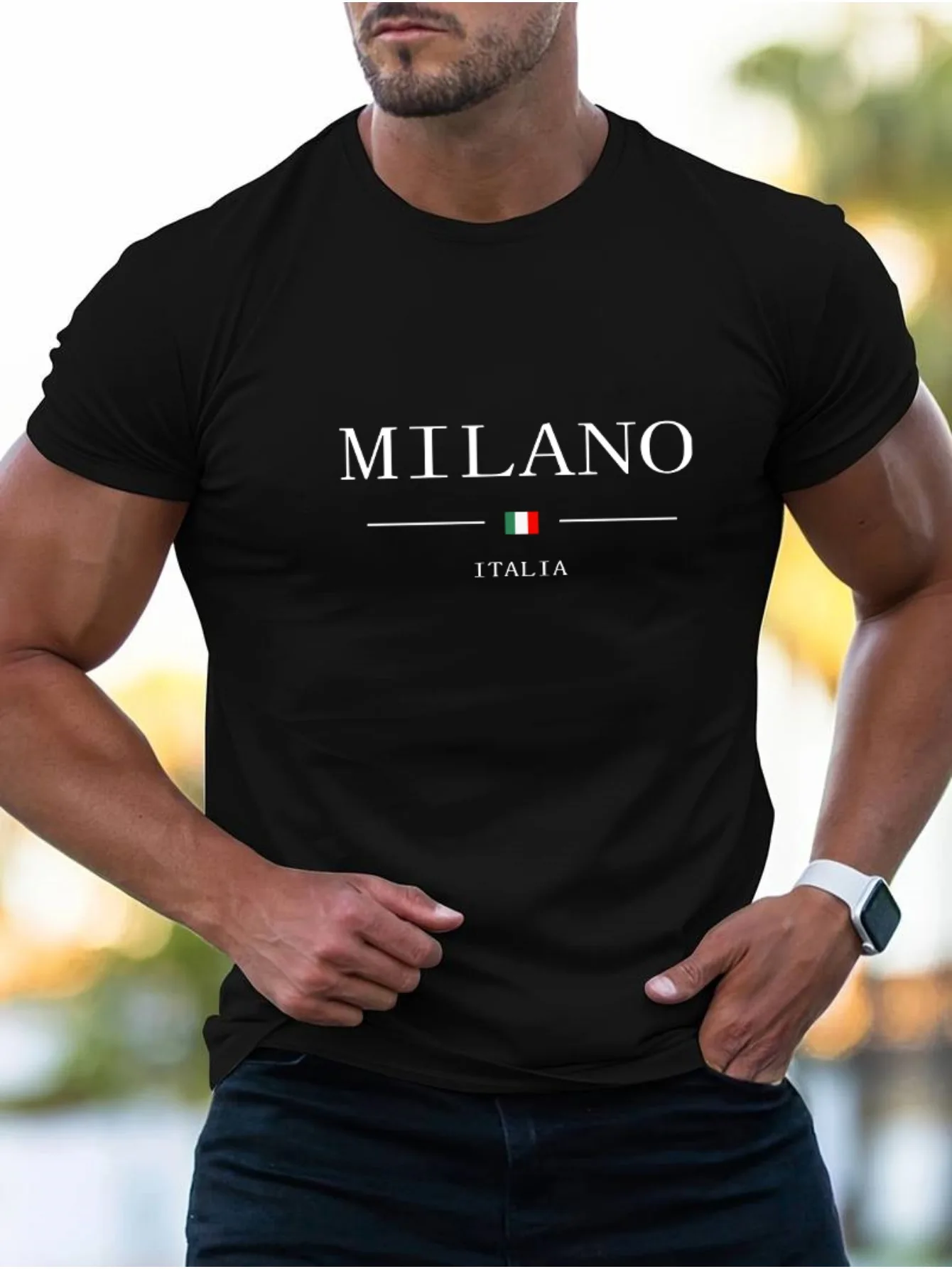 여름 남성 100% 면 캐주얼 스포츠 루즈 플러스 MILANO 프린트 편안한 쇼핑 라운드 넥 반팔 티셔츠 탑