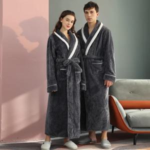 겨울 연인 솔리드 플란넬 두꺼운 가운 세트 커플 긴 목욕 가운 가운 Nightwear 포켓 친밀한 란제리 홈 의류
