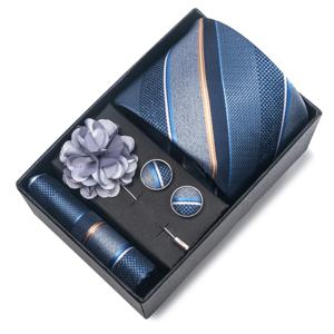 최고급 패션 8 cm 와이드 넥타이 세트 블루 스트라이프 남성 Gravata 손수건 커프스 단추 상자 맞는 그룹 직장 웨딩 넥타이