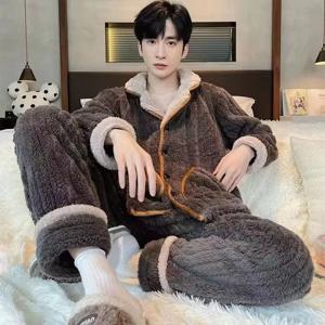 잠옷 겨울 산호 벨벳 두꺼워지고 양털 긴 소매 바지 플란넬 투피스 세트 아늑한 열 잠옷 남성 여성 모두
