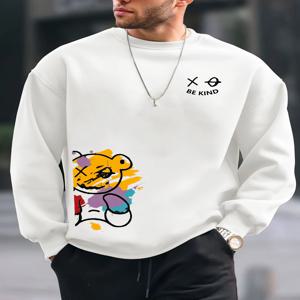 남성 가을, 겨울 유행 캐주얼 루즈 BE KING 곰 만화 프린트 양털 풀오버 라운드 넥 긴팔 스웨트 셔츠