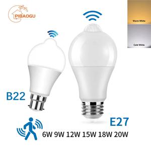 E27 B22 LED 전구 LED 램프 PIR 모션 센서 AC189-265V 6W-20W PIR 센서 빛 자동 ON/OFF 야간 조명 홈 주차 조명