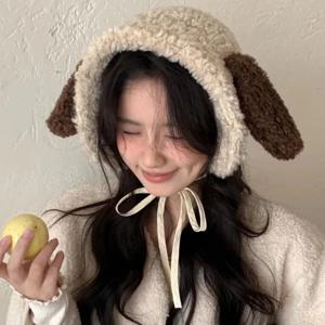 여성을위한 귀여운 강아지 귀 플러시 귀마개 가을, 겨울 여행 다목적 레저 따뜻한 재미 있은 스트랩 남성용 풀오버 모자