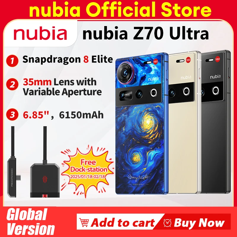 새로운 오리지널 글로벌 버전 Nubia Z70 Ultra NX733J Snapdragon8 Elite 1.5K HD 디스플레이 35mm 렌즈 50MP*2+64MP 6150mAh 80W IP69 NFC