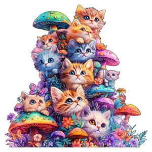 성인용 나무 퍼즐 - 귀여운 버섯 고양이 동물 패턴 - 독특한 불규칙한 모양 - 퍼즐 매니아와 친구들을 위한 선물