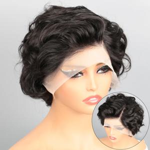 PixieCut 가발 인간의 머리카락 13X4 로즈 곱슬 짧은 인간의 머리 가발 자연 색상 HD 레이스 정면 가발 곱슬 인간의 머리 가발 여성을위한