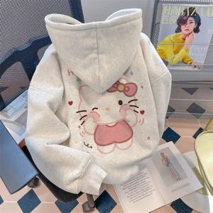 여성용 귀여운 헬로 키티 후드 맨투맨, 루즈 오버사이즈 캐주얼 운동복, 유럽 미국 스트리트 트렌드 재킷, 가을 겨울
