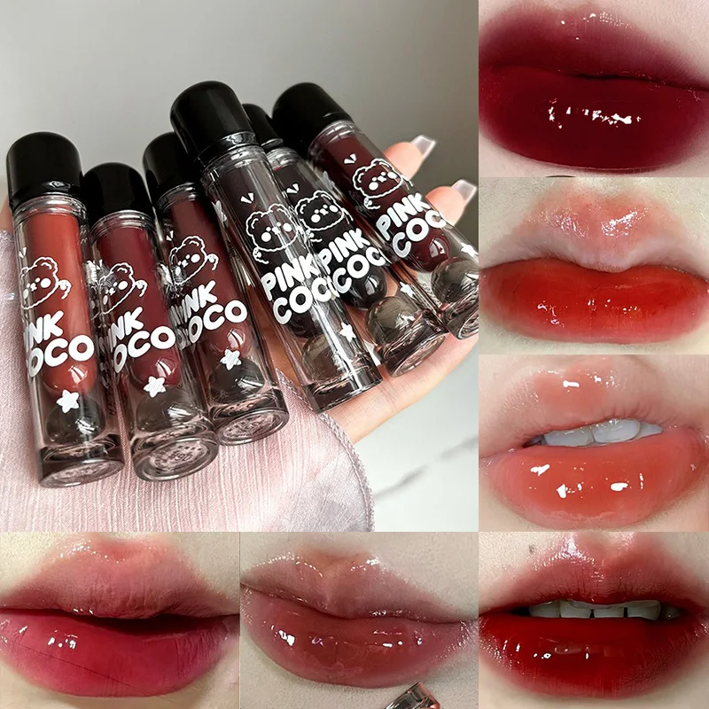 PINKCOCO 베어 드루블 미러 립 글레이즈 — 오래 지속되는 샤이니 립 글로스, 학생 친화적인, 피부를 밝게 해주는 누드 립스틱