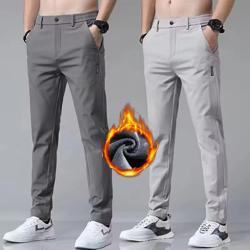 한국 남성 따뜻한 골프 바지 슬림 스트레이트 겨울 두꺼운 양털 캐주얼 바지 비즈니스 패션 스트레치 열 바지 남성