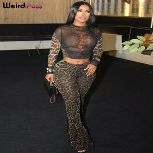 이상한 Puss 섹시한 2 피스 세트 여성 자정 파티를 통해 볼 전체 슬리브 자르기 탑 + 바지 매칭 Clubwear 스키니 가을 의상