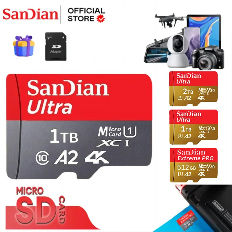 Sandian 실제 용량 MicroTF SD 카드 512GB 256GB 메모리 카드 스마트 폰 Nintendo Switch 용 고속 Cartao De Memoria 1/2TB