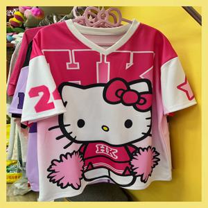 2025 MINISO New Sanrio HelloKitty 스포츠웨어 여성용 v 넥 루즈 캐주얼 경량 통기성 패션 반소매 티셔츠