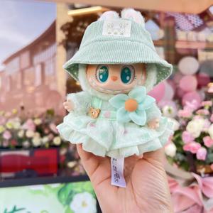 17cm Labubu 인형 복장 주름진 치마 꽃 머리핀 세트 어부 모자 Labubu 옷 Ropa Labubu