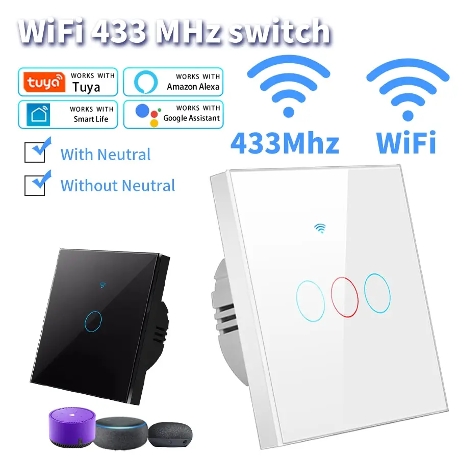 WiFi 스마트 스위치 EU 라이트 벽 터치 스위치 220V 중립 와이어 필요 없음 Tuya 스마트 라이프 Alexa Google 홈 1/2/3Gang과 함께 작동