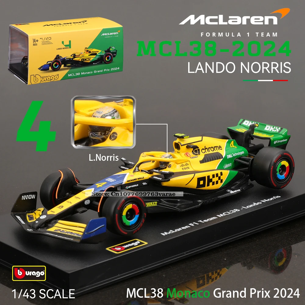 Bbugo 1:43 2024 F1 맥라렌 MCL38 모나코 그랑프리 합금 자동차 미니어처 다이캐스트 모델 # 4 랜도 노리스 # 81 오스카 피아스트리 장난감