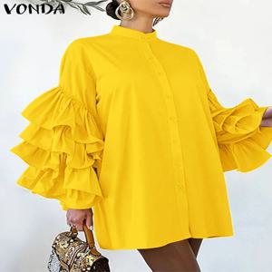 플러스 사이즈 VONDA 여성용 미니 원피스 2025 우아한 스탠드 칼라 레이어 러플 선드레스, 캐주얼 단색 로브, 긴팔 베스티도