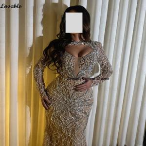 맞춤형 인어 홀터 바닥 길이 럭셔리 이브닝 드레스, 비즈 긴팔 지퍼 업 안감 드레스