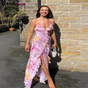 이상한 Puss 꽃 프린트 드레스 여성 여름 Strapless 분할 불규칙한 술 패치 워크 Backless 붕대 파티 스키니 Vestidos