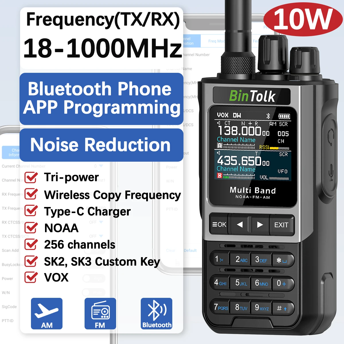 BinTolk BT8200 워키 토키 장거리 10W 트라이 파워 풀 밴드 무선 블루투스 전화 프로그래밍 소음 감소 햄 라디오