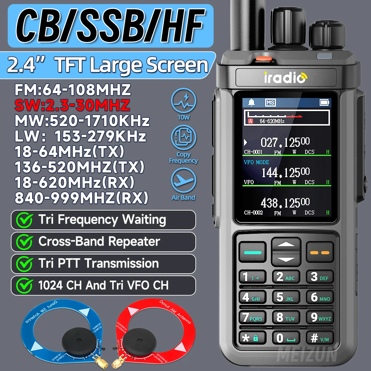 Iradio UV-98 PLUS 멀티 밴드 10W FM AM SSB HF 크로스 밴드 리피터 2.4