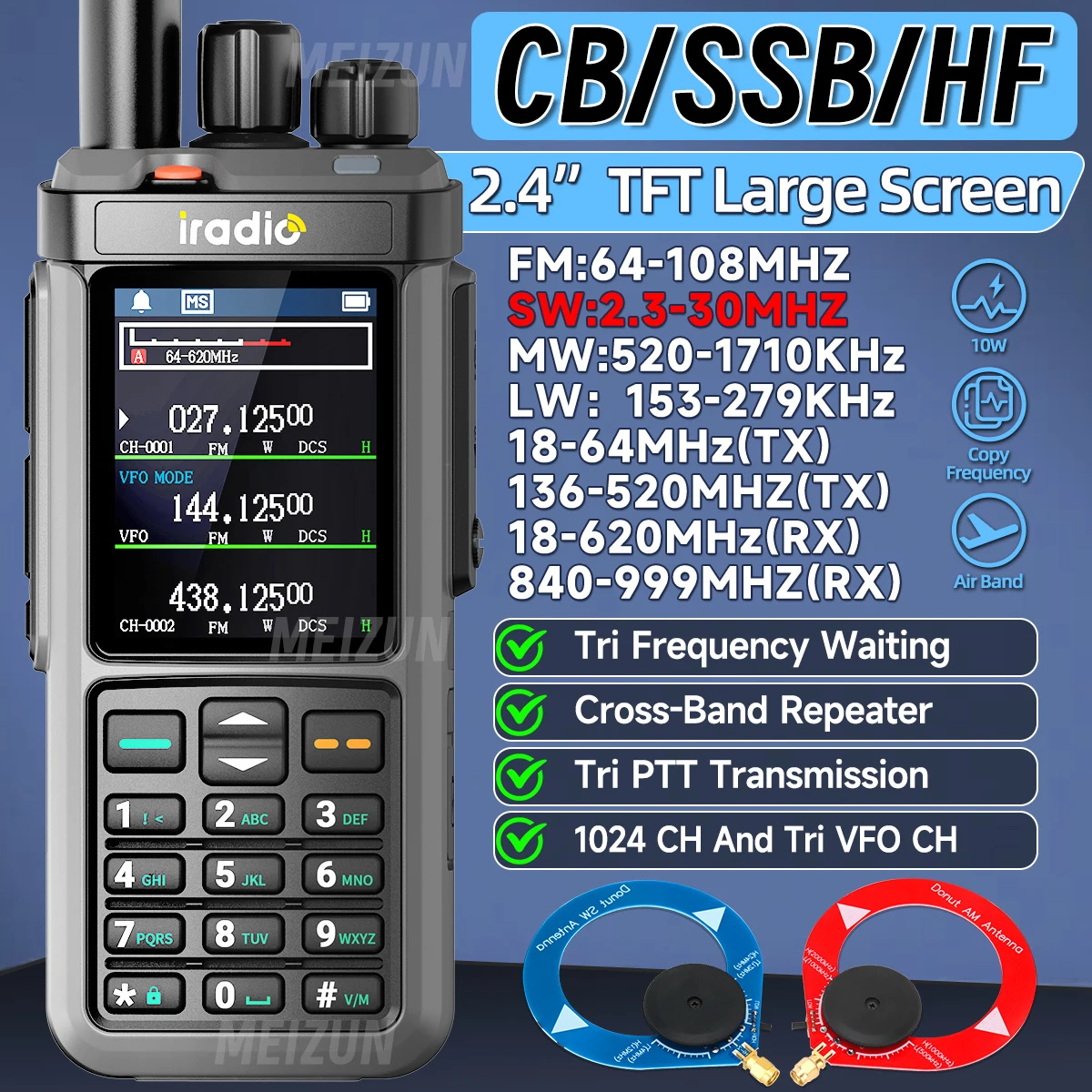 Iradio UV-98 PLUS 에어 밴드 워키 토키 크로스 밴드 리피터 2.4 