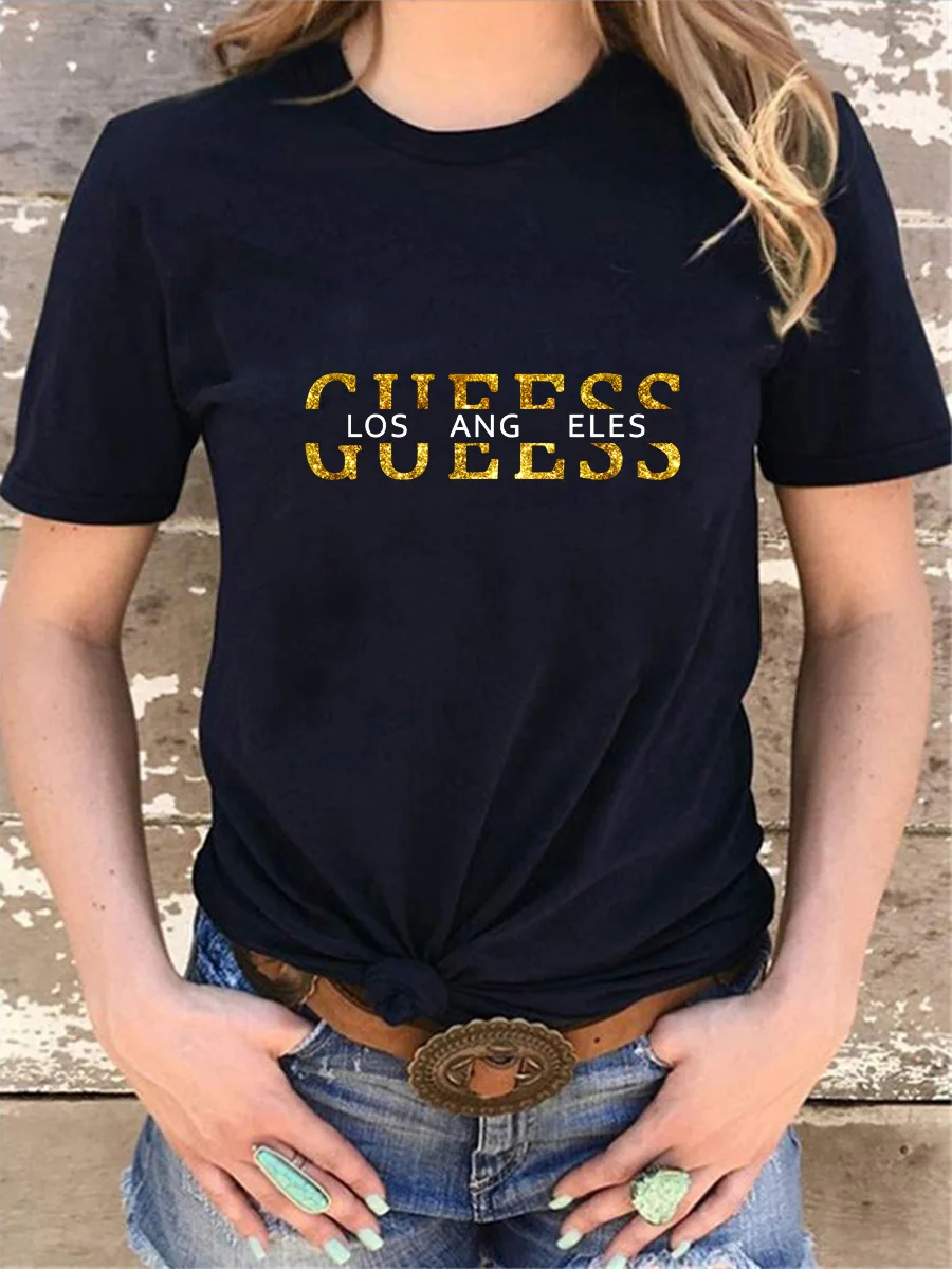 여성 티셔츠 100% 순수 코튼 여름 캐주얼 루즈 패션 GUESS 로스 앤젤레스 레터 프린트 라운드 넥 반팔 티셔츠