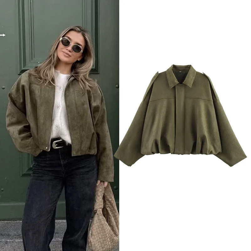 RAFZNB 여성용 폭격기 재킷 코트 패션 턴 다운 칼라 긴 소매 루즈 코트 빈티지 여성 겉옷 Chic Tops
