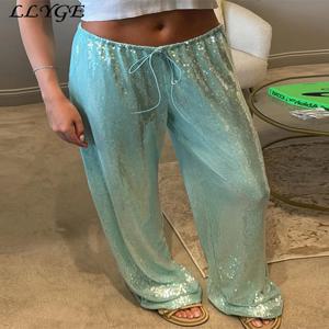 캐주얼 스팽글 바지 여성 느슨한 탄성 허리 넓은 다리 바지 여성 2025 봄 여름 패션 세련된 솔리드 streetwears 레이디