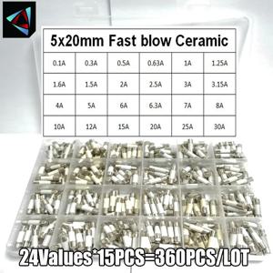 360 개/상자 24 값 5*20mm 고속 블로우 세라믹 퓨즈 250V 0.1A 0.25A 0.5A 1A 1.5A 2A 2.5A 3A 3.15A 4A 5A 6A 6.3A 8A 10A 15A 16A