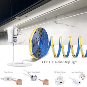 COB Led 스트립 테이프 빛 12V 320 leds/m 너비 8mm 어댑터 RF 원격 캐비닛 도어 터치 조광기 핸드 스윕 PIR 모션 센서