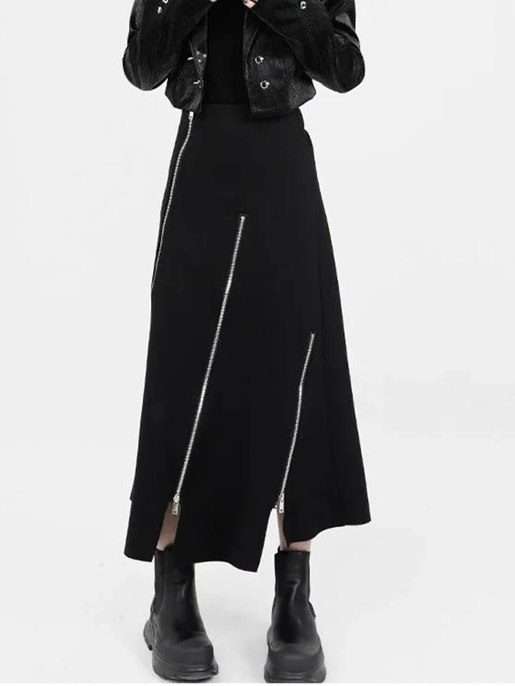 Jmprs Y2K 여성 지퍼 스커트 불규칙한 하이 웨스트 블랙 미디 스커트 한국 streetwear 한국 블랙 90s 스커트 new