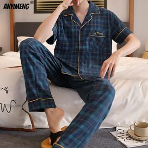 L-5XL 플러스 사이즈 럭셔리 남성 잠옷 여름 반팔 턴 다운 칼라 잠옷 세트 신사 홈웨어 캐주얼 코튼 파자마