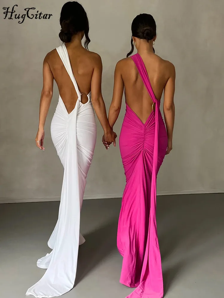 Hugcitar 한 어깨 Backless 조절 스카프 루프 Ruched 섹시한 맥시 드레스 2024 여성 우아한 Y2K streetwear 축제 복장