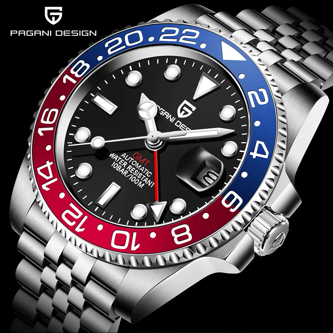 PAGANI DESIGN 새로운 GMT 남성용 시계 럭셔리 사파이어 자동 기계식 시계 40MM 스테인레스 스틸 100M 방수 시계