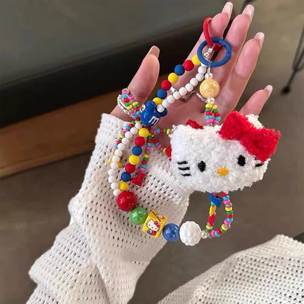 Sanrio 헬로 키티 다채로운 파란색 된 키 체인 Kawaii 만화 전화 스트랩 손목 스트랩 배낭 펜 던 트 장식 선물