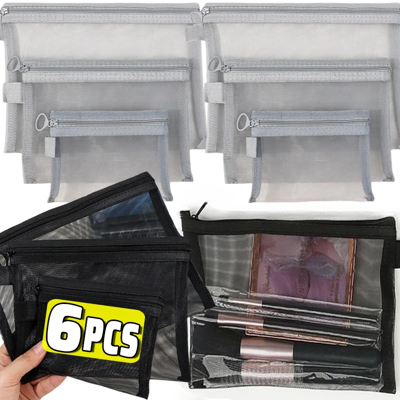 1/3pcs 메쉬 지우기 화장품 가방 작은 대형 검은 메이크업 가방 휴대용 여행 세면 용품 주최자 케이스 립스틱 보관 주머니